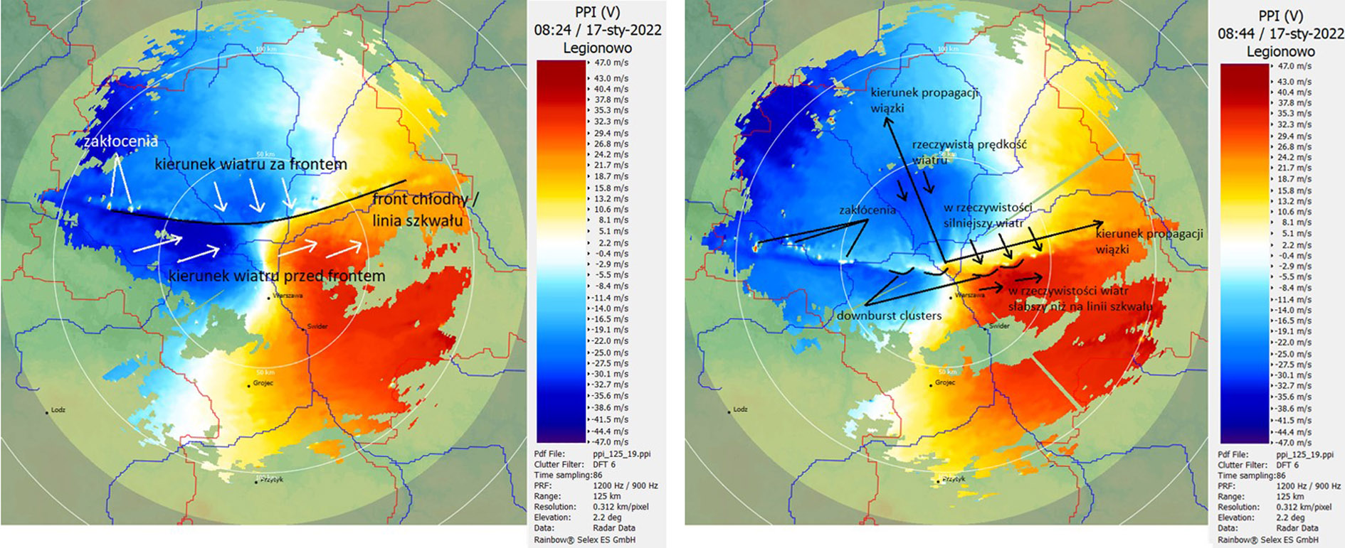 The primary determinant of the passage of the atmospheric front, apart from the temperature, is the change of the wind direction. This fact is visible on the data from the radar in Legionowo at 08:24. In the radar image at 08:44, we can see small bowing segments in the squall line caused by strong downburst clusters that pushed the hydrometeors forward. It was in these places that the most significant wind damage occurred. The interpretative aspect of the scan is also interesting. Using the legend, we can conclude that before the passage of the squall line, there was a much stronger wind than at its head. Nothing could be more wrong. This is due to a very violent, directional wind shear and the way it is detected by the radar beam. In front of the squall line, the wind is mainly westerly, so in this area, it is almost parallel to the beam axis – so practically all of its component is "seen" by the radar. In turn, at the head of the squall line and just behind it, the wind has a north-western direction, so almost perpendicular to the beam axis at this place. Therefore, the radar cannot "see" the main component of the velocity vector, and its value is strongly underestimated on the scan.