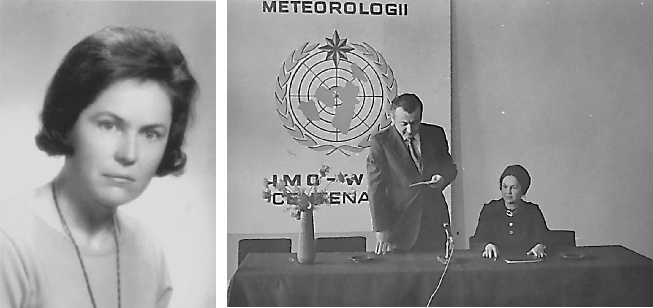 Docent Maria Baranowska (1925-2016). Na prawej fotografii w towarzytwie Stefana Reichharta podczas seminarium „Meteorologia w służbie turystyki” z okazji XVI Światowego Dnia Meteorologii, 23.03.1974 r.