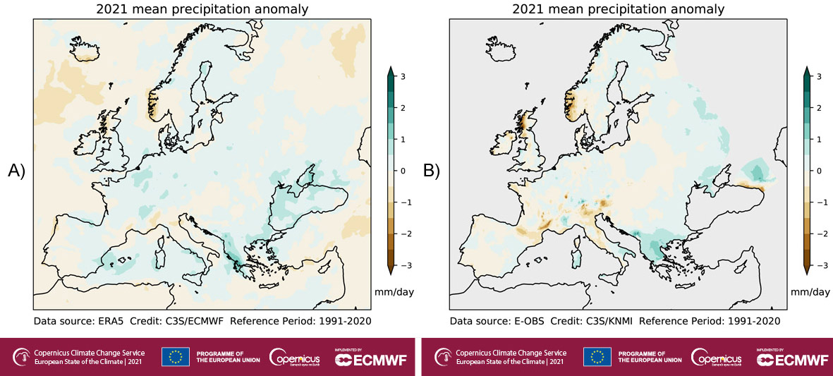 Anomalie opadów rocznych w Europie w 2021 roku w odniesieniu do średniej z wielolecia 1991-2020: a) dane satelitarne ERA5, b) dane z obserwacji naziemnych.