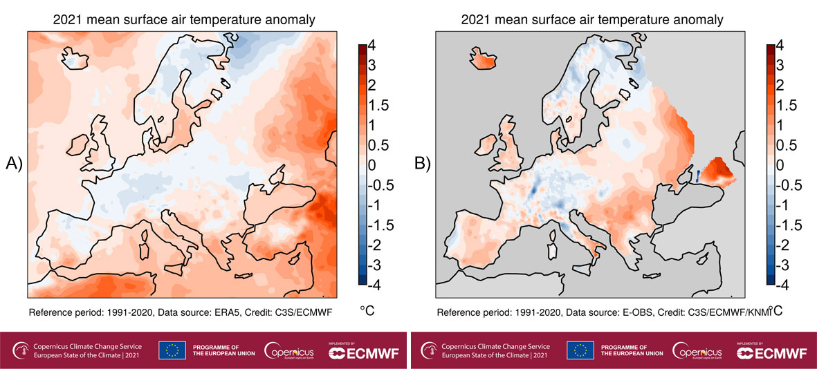 Grafika 2. Roczna anomalia temperatury powietrza w Europie w 2021 roku w odniesieniu do średniej z wielolecia 1991-2020: a) dane satelitarne ERA5, b) dane z obserwacji naziemnych. Mimo pewnych różnic między dwoma analizowanymi zestawami danych, wyraźnie zaznacza się obszar największych dodatnich anomalii w południowo-wschodniej Europie, w niektórych zachodnich częściach Rosji i wokół części Morza Czarnego. Duża pozytywna anomalia nad Islandią (b), może być związana z problemami z zasięgiem danych.