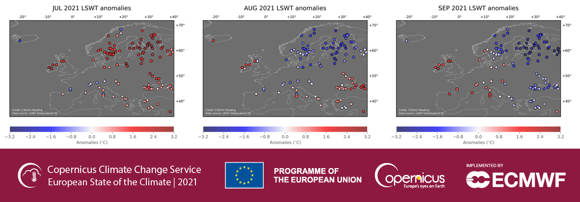 Anomalie temperatury wód powierzchniowych jezior w Europie w lipcu, sierpniu i wrześniu 2021 roku w stosunku do średniej dla poszczególnych miesięcy z wielolecia 1996-2016. W północnej i wschodniej Europie wyraźnie widać podział na cieplejszy lipiec oraz chłodniejszy sierpień i wrzesień.