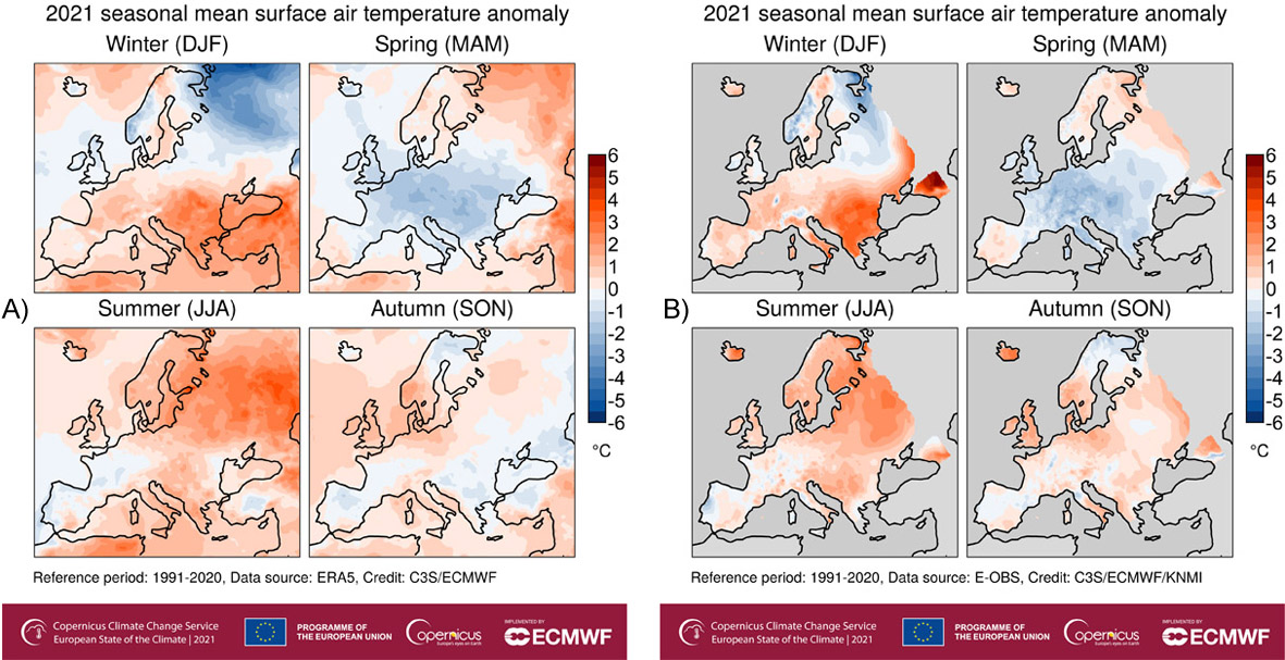 Anomalie temperatury powietrza w Europie w poszczególnych sezonach 2021 roku w odniesieniu do średnich z wielolecia 1991-2020: a) dane satelitarne ERA5, b) dane z obserwacji naziemnych.