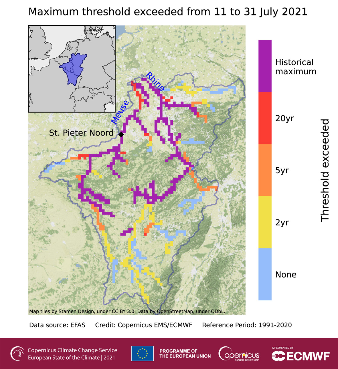 Odcinki sieci rzecznej monitorowane przez EFAS, pokazujące gdzie 6-godzinny uśredniony symulowany przepływ rzeczny w okresie od 11 do 31 lipca 2021 roku przekroczył prawdopodobieństwo wystąpienia podobnego zdarzenia w ciągu 2 (żółty), 5 (pomarańczowy) i 20 lat (czerwony). Kolorem fioletowym zaznaczono rzeki gdzie wystąpił rekordowy przepływ od 1991 roku.