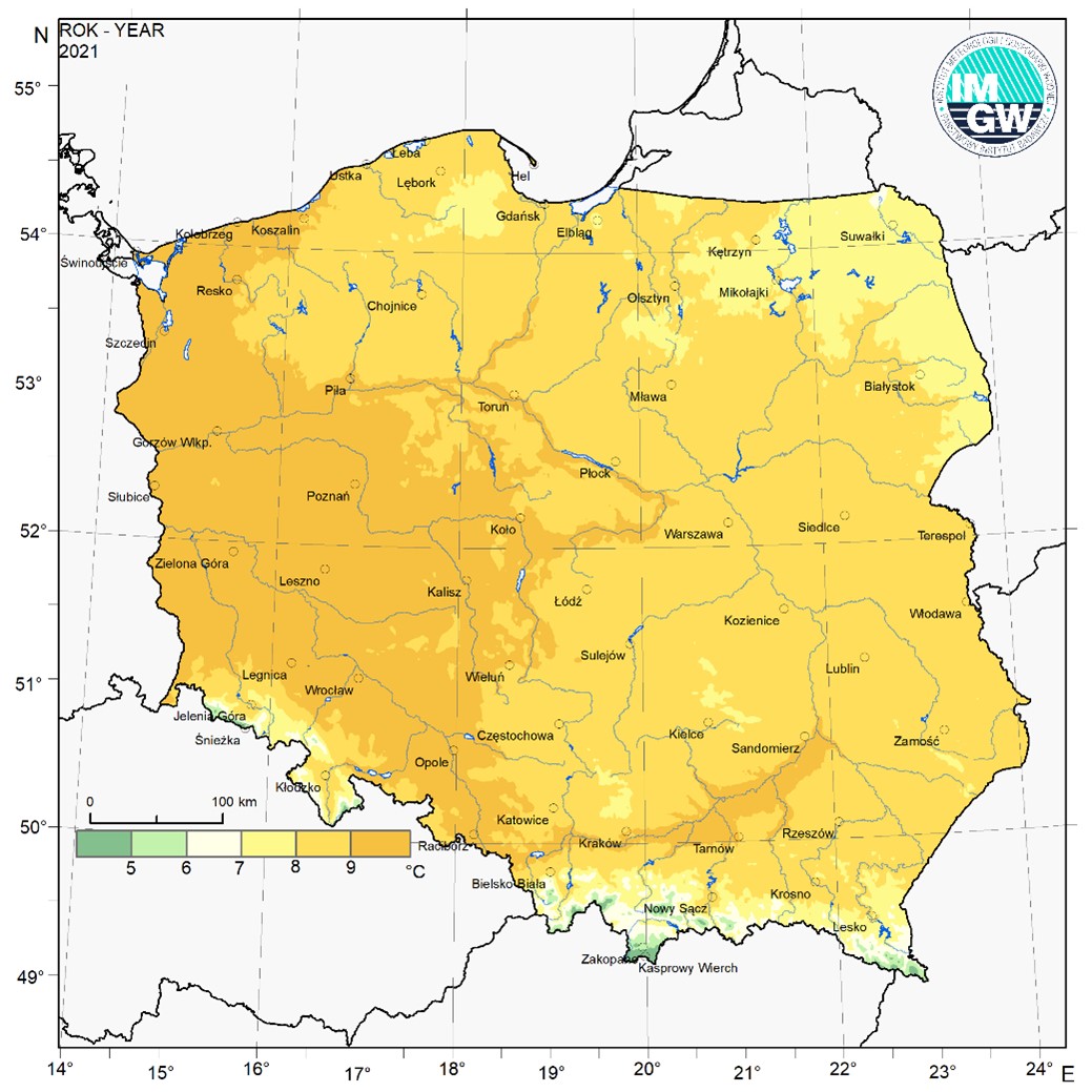 Średnia temperatura powietrza w Polsce w 2021 roku.