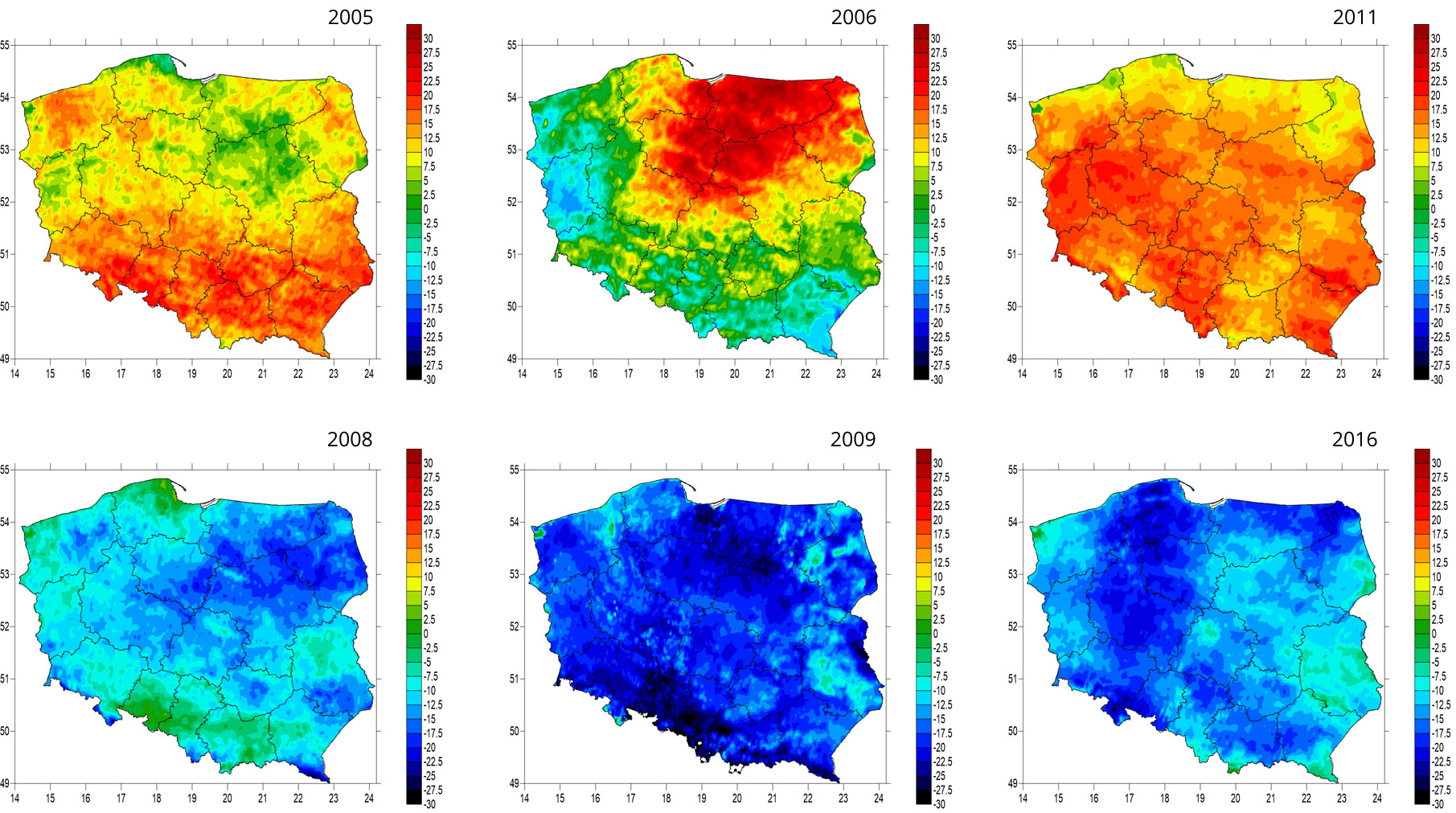Ekstremalne odchylenia procentowe sum miesięcznych promieniowania krótkofalowego docierającego do powierzchni Ziemi od średniej z lat 2004-2008 w miesiącu marcu. Na podstawie danych satelitarnych EUMETAST Land-SAF.