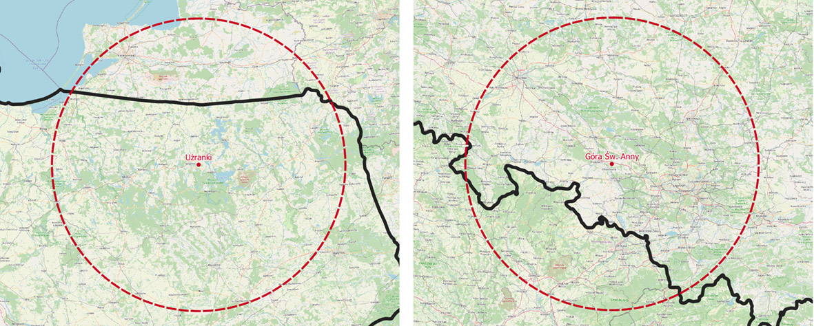Planowana lokalizacja radaru w Użrankach i na Górze św. Anny. Okręgami zaznaczono zasięg skanu dopplerowskiego, wynoszący 125 km.