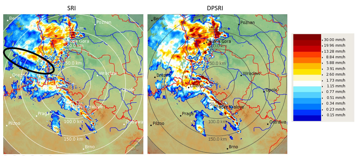 Precipitation intensity determined from radar data in Pastewnik on 23 July 2010 at 04:00 UTC. On the left, the intensity determined from a horizontally polarized beam (SRI product). On the right, the intensity determined from both beams (DPSRI product). The left map shows radar beam attenuation in a heavy rainfall zone. As a result, precipitation intensity is underestimated in the area marked by the ellipse. Using dual-polarized data (DPSRI product) allows for correcting this negative effect. The right map shows the correct intensity values.
