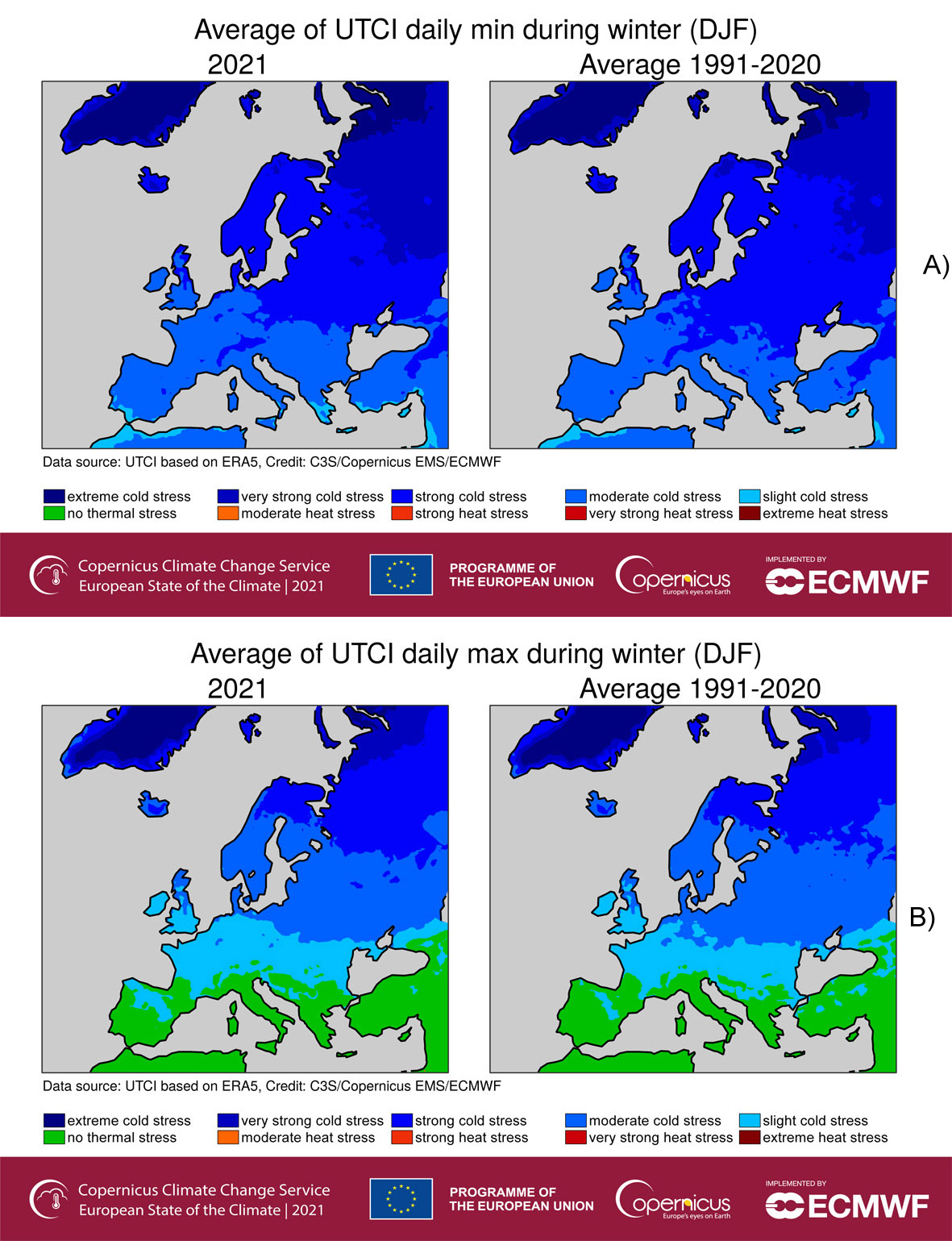 Średnia minimalnego (A) i maksymalnego (B) UTCI zimą 2021 roku i dla sezonu zimowego z okresu 1991-2020.