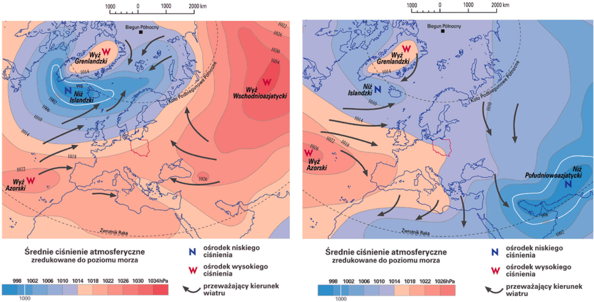 Średni rozkład pola ciśnienia nad Europą w styczniu (lewa mapa) i lipcu (prawa). Źródło: http://www.wiking.edu.pl/article_print.php?id=31.