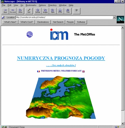 Pierwsza strona internetowa, na której publikowano wyniki prognoz modelem UM. Na stronie widnieje jeszcze logo IMGW (1997).