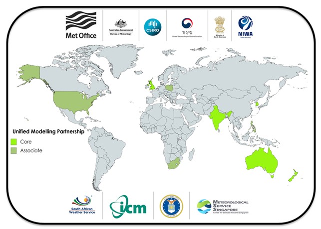 Unified Model Partnership Consortium. Members: Bureau of Meteorology/CSIRO (Australia), MoES/NCMRWF (India), NEA/MSS/CCRS (Singapore), NIWA (New Zealand), KMA (South Korea), Met Office (UK). Associate members: ICM (Poland), SAWS (South Africa), US Air Force (USA).