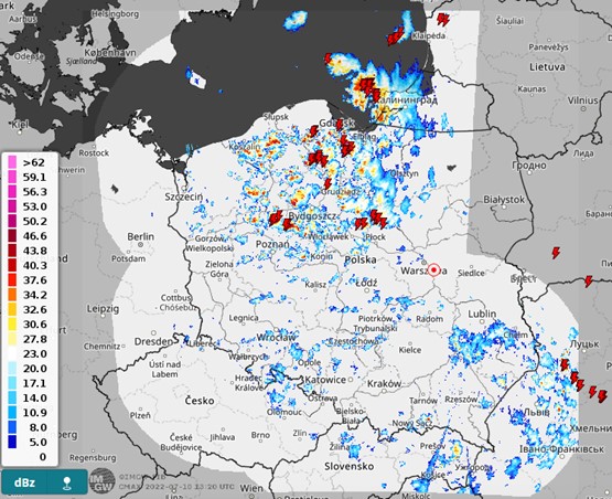 Map of ground-based lightning overlaid on radar data (meteo.imgw.pl).