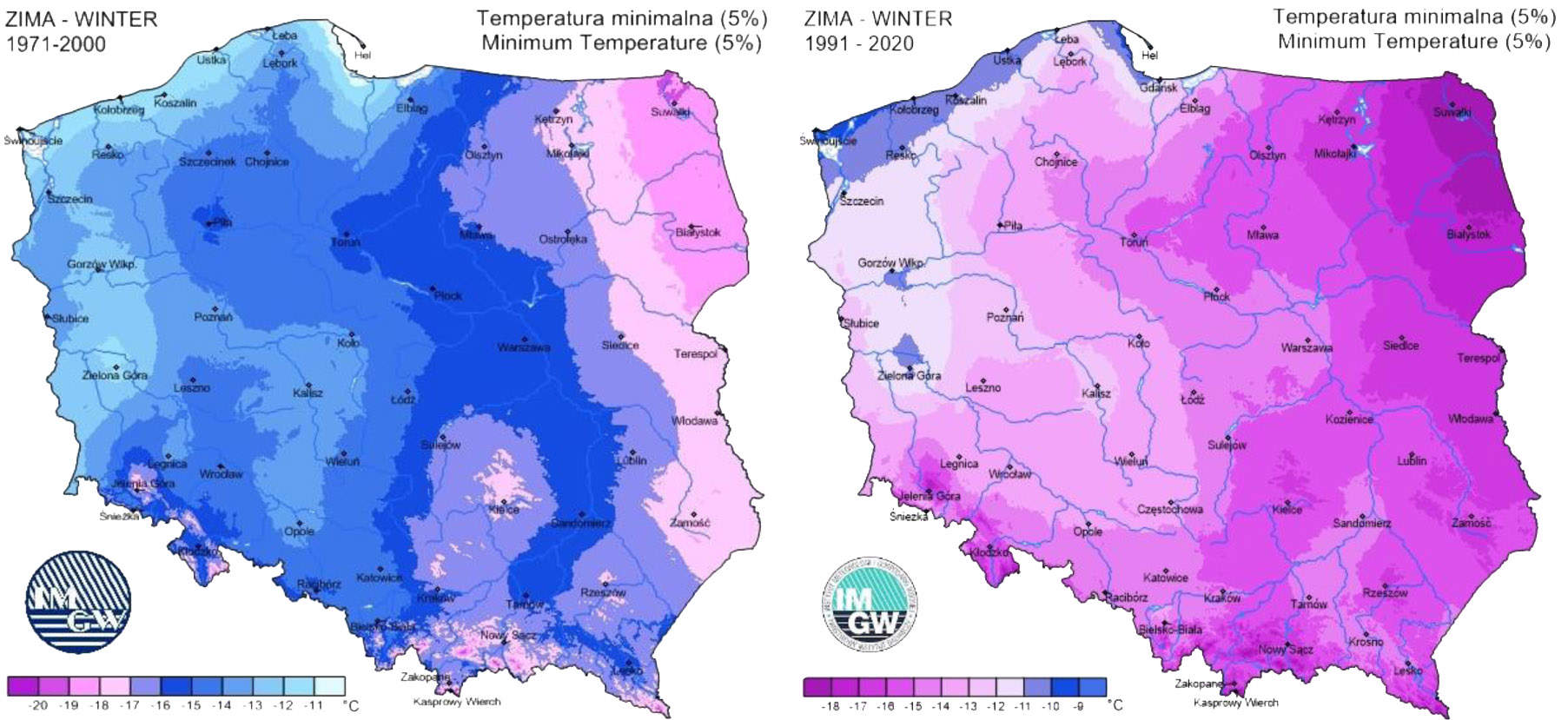 Temperatury minimalne w Polsce w sezonie zimowym w latach 1971-2000 oraz 1991-2020.