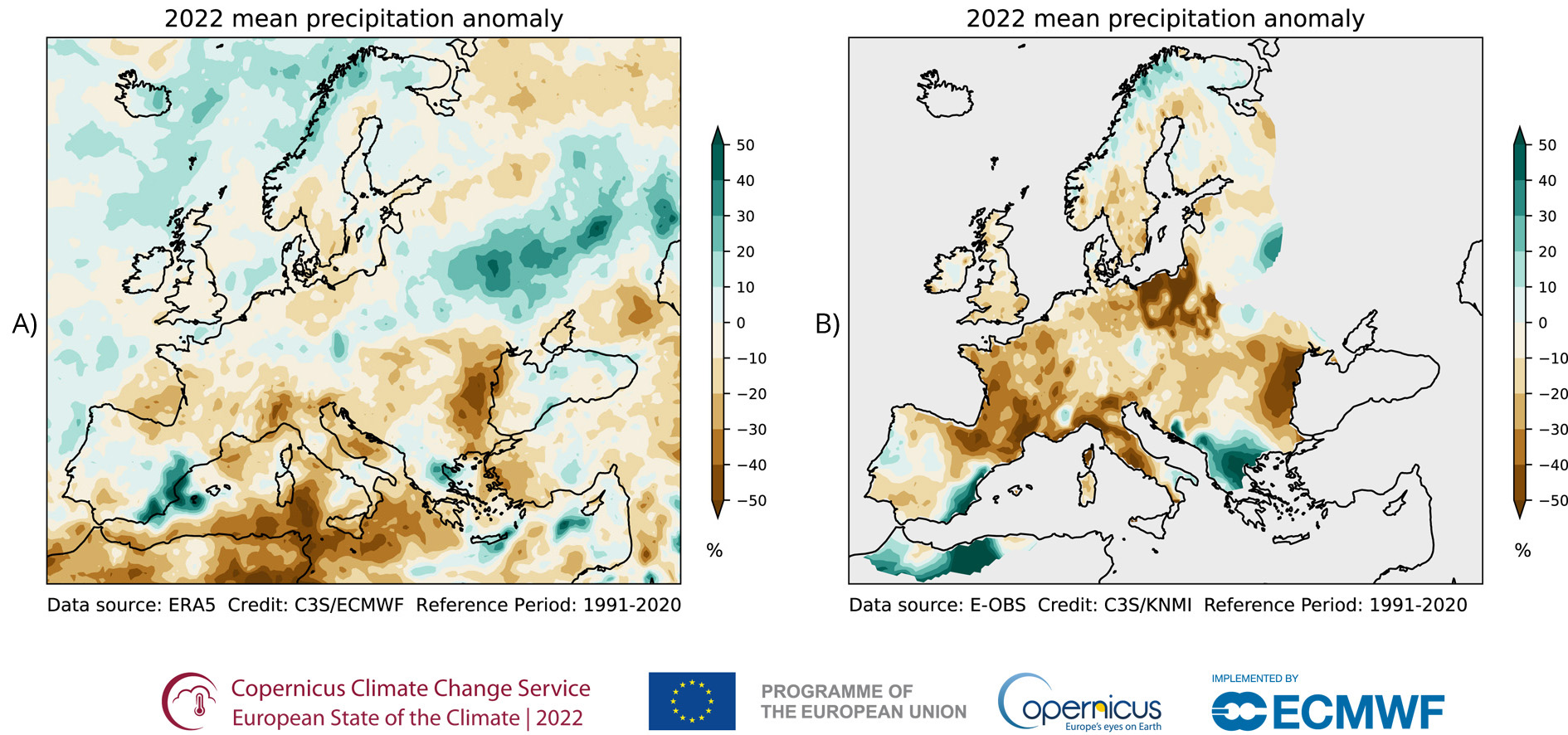 Anomalie opadów rocznych w Europie w 2022 roku w odniesieniu do średniej z wielolecia 1991-2020: a) dane satelitarne ERA5, b) dane z obserwacji naziemnych.