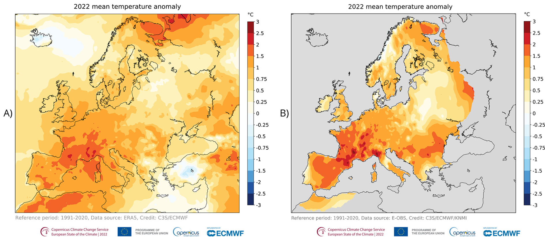 Roczna anomalia temperatury powietrza w Europie w 2022 roku w odniesieniu do średniej z wielolecia 1991-2020: a) dane satelitarne ERA5, b) dane z obserwacji naziemnych. Przez cały rok temperatury w niemal całej Europie były powyżej średniej. Najwyższe anomalie dodatnie (do 2,5°C) wystąpiły na niektórych obszarach południowo-zachodniej części kontynentu, niewielkie anomalie ujemne (–0,75°C) w Turcji i Islandii.
