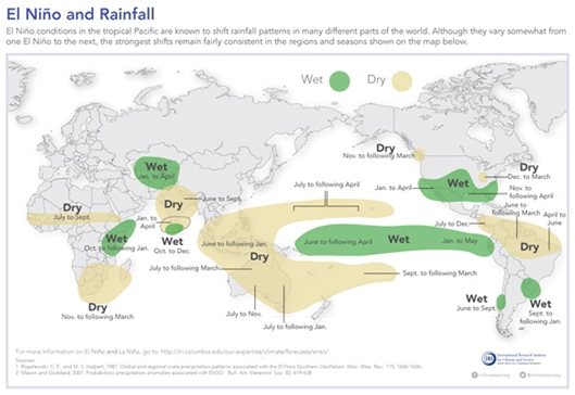 Typowe wzorce opadów podczas fazy El Niño. Źródło: IRI Data Library Maprooms.