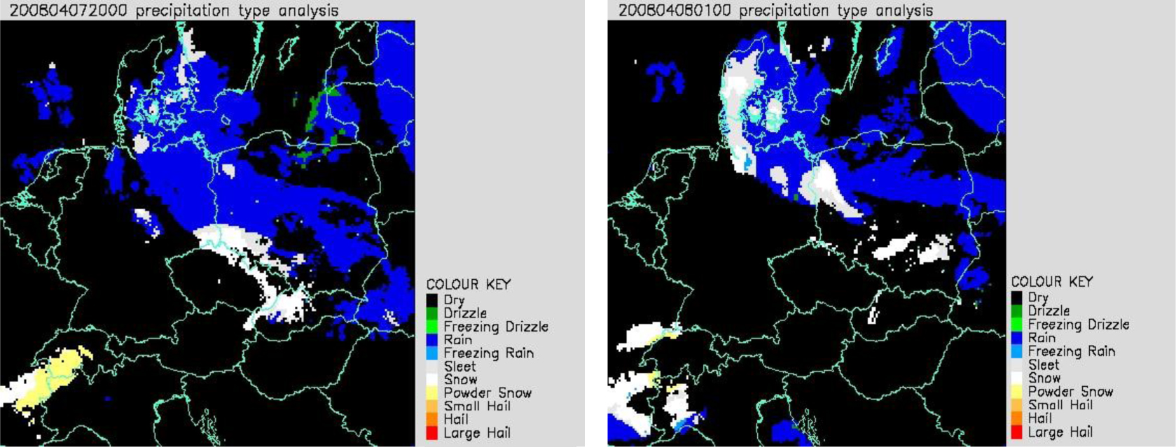 Zdjęcie z godz. 20.00 UTC z 07.04.2008 r. (po lewej) i godz. 01.00 UTC z 08.04.2008 r. (po prawej). Analiza typu opadów: kolor biało szary i biały – opady odpowiednio deszczu ze śniegiem i śniegu, kolor granatowy – opady deszczu. 
