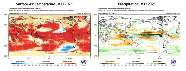 Prognozy temperatury powietrza i opadów atmosferycznych na sezon maj-lipiec 2022 w odniesieniu do średniej z lat 1993-2009.