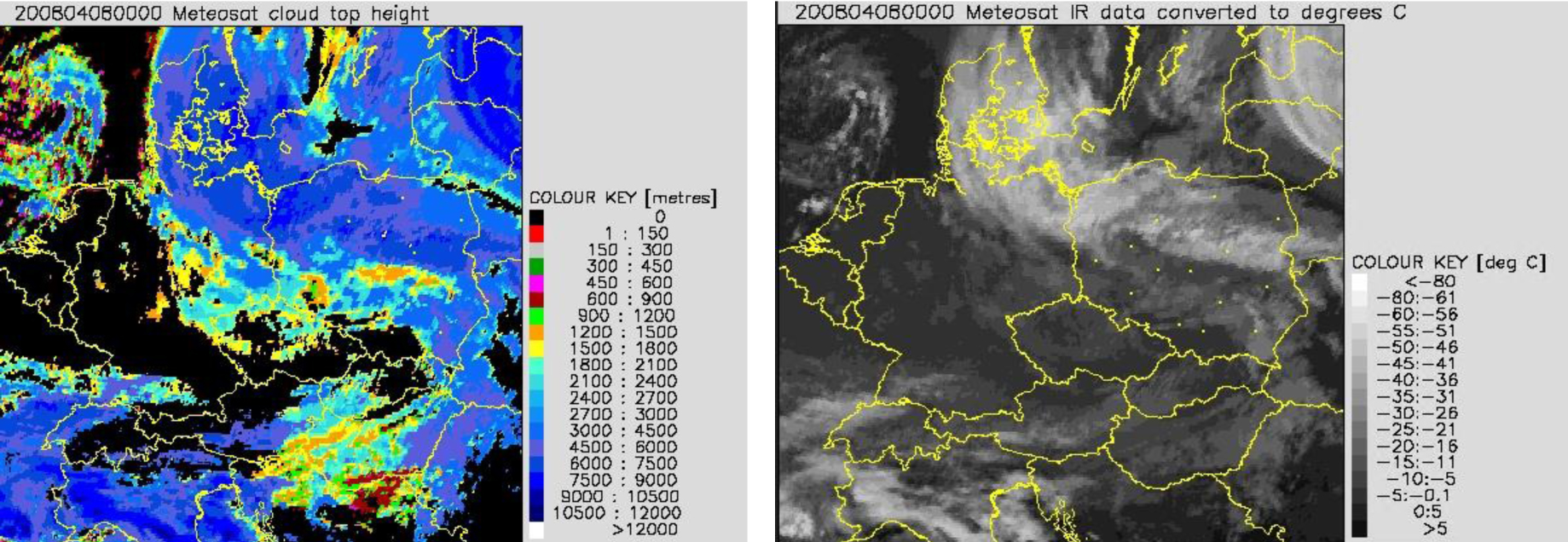 Po lewej: zdjęcie satelitarne METEOSAT cloud top height. 08.04.2008 r., godz. 00.00 UTC. Po prawej: zdjęcie satelitarne METEOSAT w podczerwieni IR, 08.04.2008 r., godz. 00.00 UTC. Bardzo niska temperatura wierzchołków chmur, dochodząca do –60ºC, świadczy o rozbudowie chmur w pionie do znacznych wysokości.