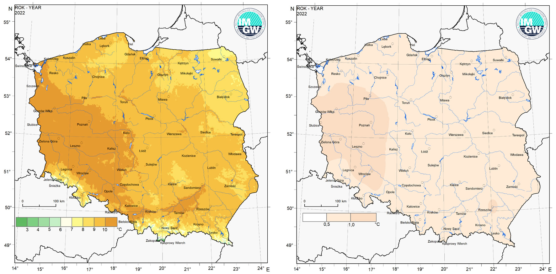 Przestrzenny rozkład temperatury powietrza (po lewej) i przestrzenny rozkład anomalii średniej temperatury (po prawej) w 2022 roku.