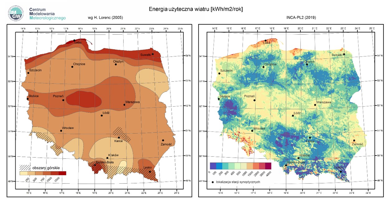 Energia użyteczna wiatru na poziomie 10 m n.p.g. w terenie otwartym na obszarze Polski [kWh/m2/rok] na podstawie pomiarów z sieci synoptycznej IMGW-PIB (1971-2000). Źródło: Atlas klimatu Polski (Lorenc H. 2005) i dane INCA-PL2 (2019).