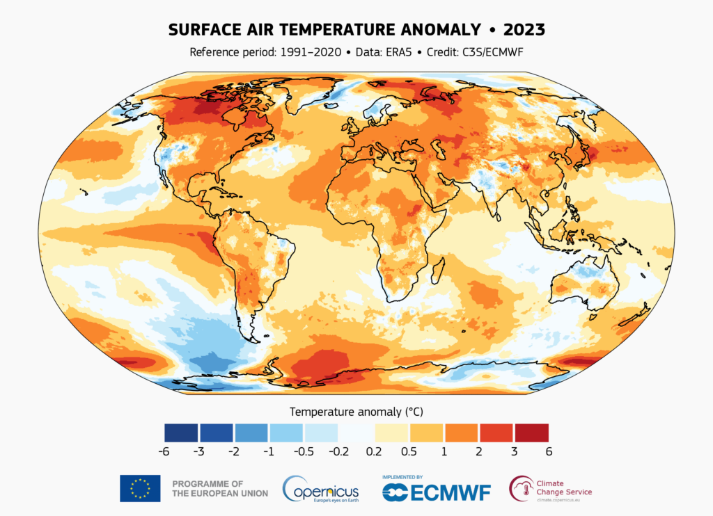 Anomalia średniej temperatury powietrza w 2023 w odniesieniu do średniej z wielolecia 1991-2020.
