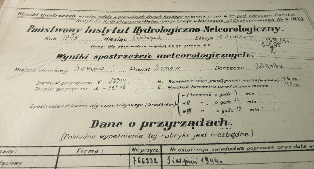 Strona tytułowa pierwszego zachowanego wykazu meteorologicznego ze stacji PIHM w Gorzowie, listopad 1945. Źródło: IMGW-PIB.