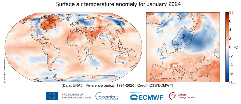 Anomalie wartości średniej temperatury powietrza w styczniu 2024 roku.