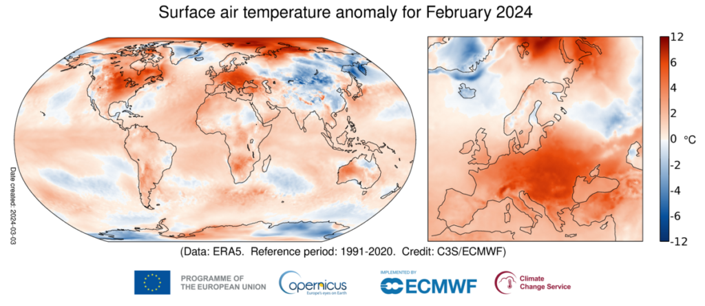 Anomalie wartości średniej temperatury powietrza w lutym 2024 roku.