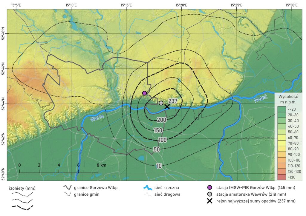 Dobowa suma opadów atmosferycznych (mm) do godz. 06:00 UTC 8 września 2022 r. w rejonie Gorzowa Wlkp. szacowana na podstawie reanalizy RainGRS Clim.