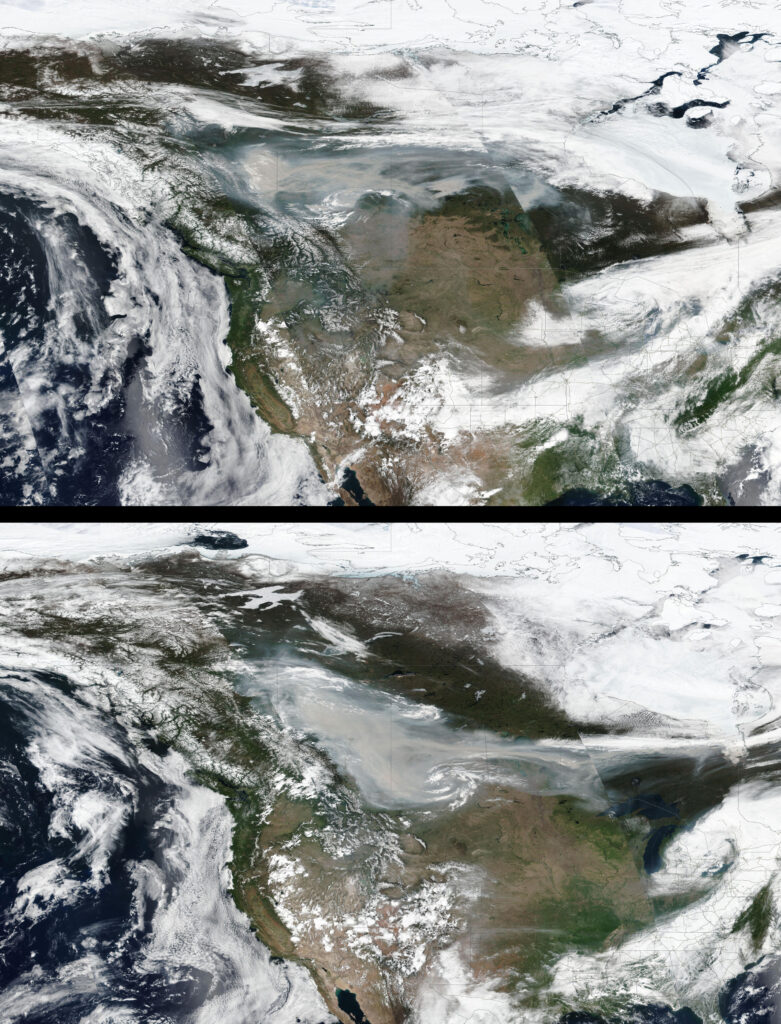 Obraz satelitarny pożarów w Kanadzie, 19 i 20 maja 2023. Kompozycje RGB True Colors wykonane z danych S-NPP/VIIRS. Źródła: NASA Worldview.