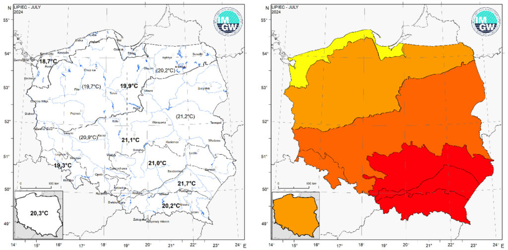 Wartości średniej obszarowej temperatury powietrza oraz klasyfikacja termiczna w lipcu 2024 r. w poszczególnych regionach Polski.