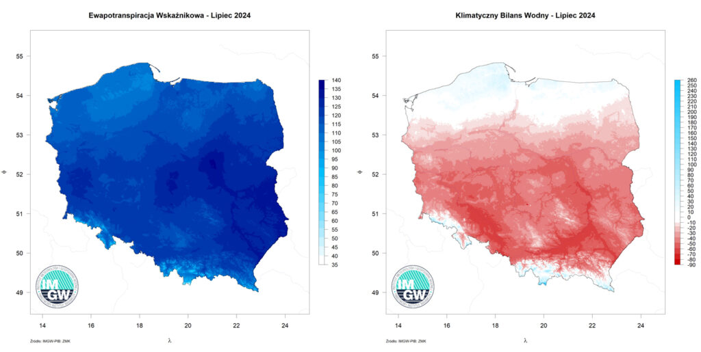 Przestrzenny rozkład sumy parowania potencjalnego (lewy panel) oraz przestrzenny rozkład klimatycznego bilansu wodnego (prawy panel) w lipcu 2024 r.