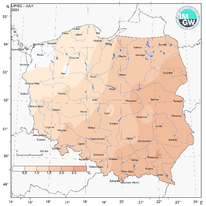 Przestrzenny rozkład anomalii średniej miesięcznej temperatury powietrza w lipcu 2024 r. w stosunku do normy (tj. średniej miesięcznej wartości wieloletniej elementu w okresie 1991-2020).