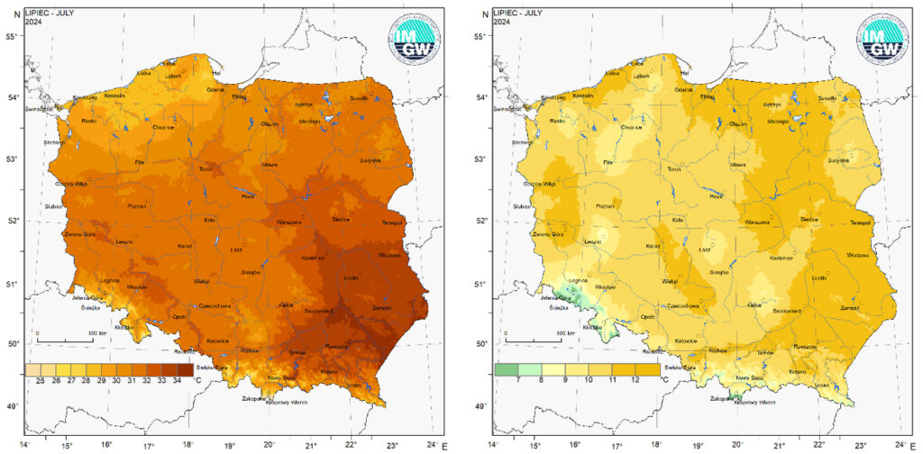 Przestrzenny rozkład wartości kwantyla 95% maksymalnej temperatury powietrza (po lewej) i kwantyla 5% minimalnej temperatury powietrza (po prawej) w lipcu 2024 r.