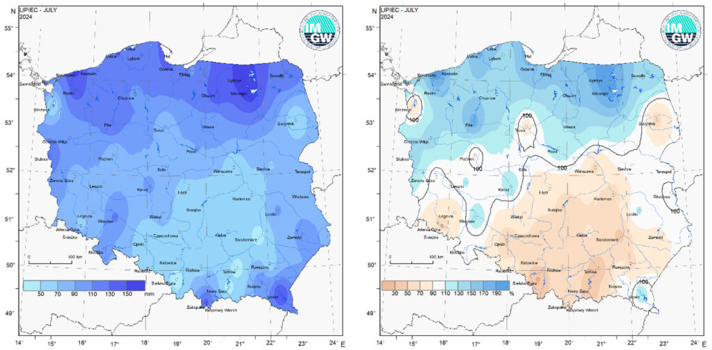Przestrzenny rozkład miesięcznej sumy opadów w lipcu 2024 r. oraz przestrzenny rozkład anomalii sumy opadów w stosunku do normy (tj. średniej miesięcznej wartości wieloletniej elementu w okresie 1991-2020).