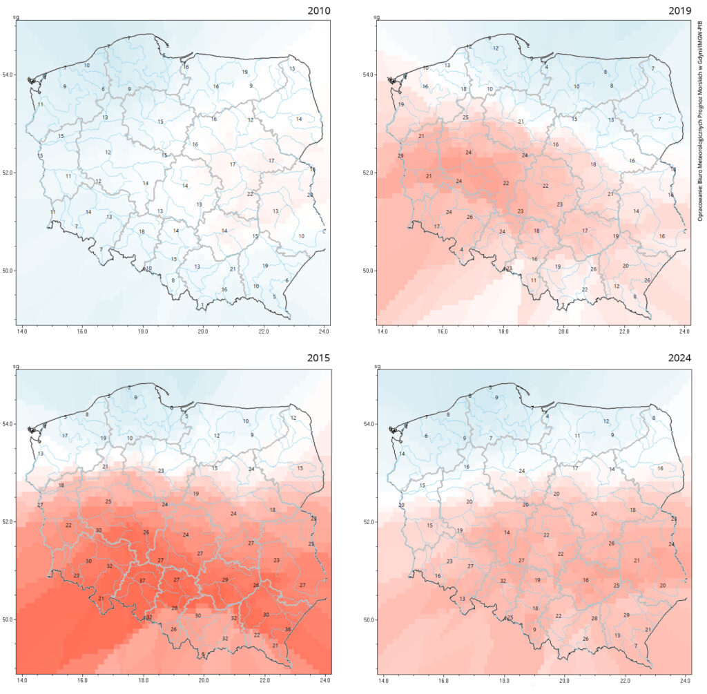 Mapy rozkładu liczby dni z temperaturą maksymalną ≥30°C w latach 2010, 2015, 2019 i 2024.