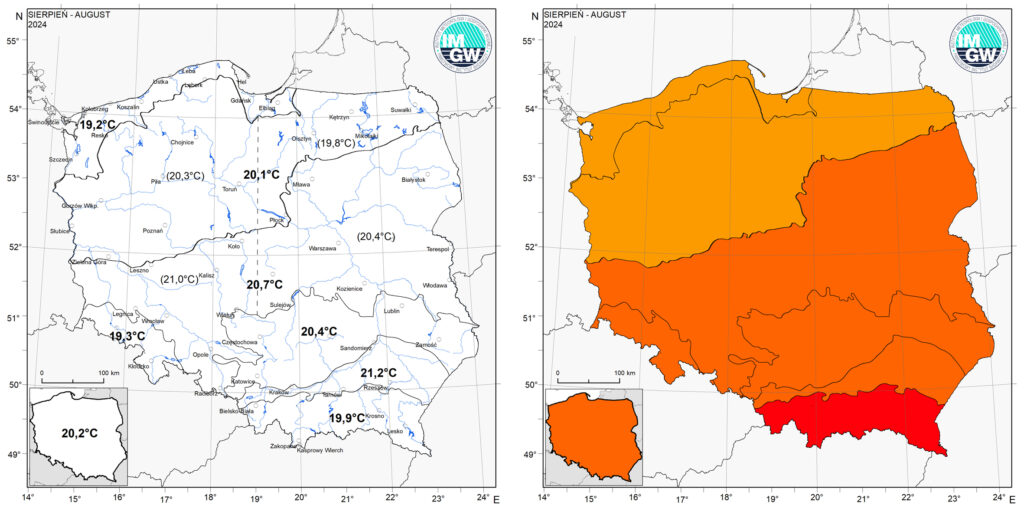 Wartości średniej obszarowej temperatury powietrza oraz klasyfikacja termiczna w sierpniu 2024 r. w poszczególnych regionach klimatycznych Polski.