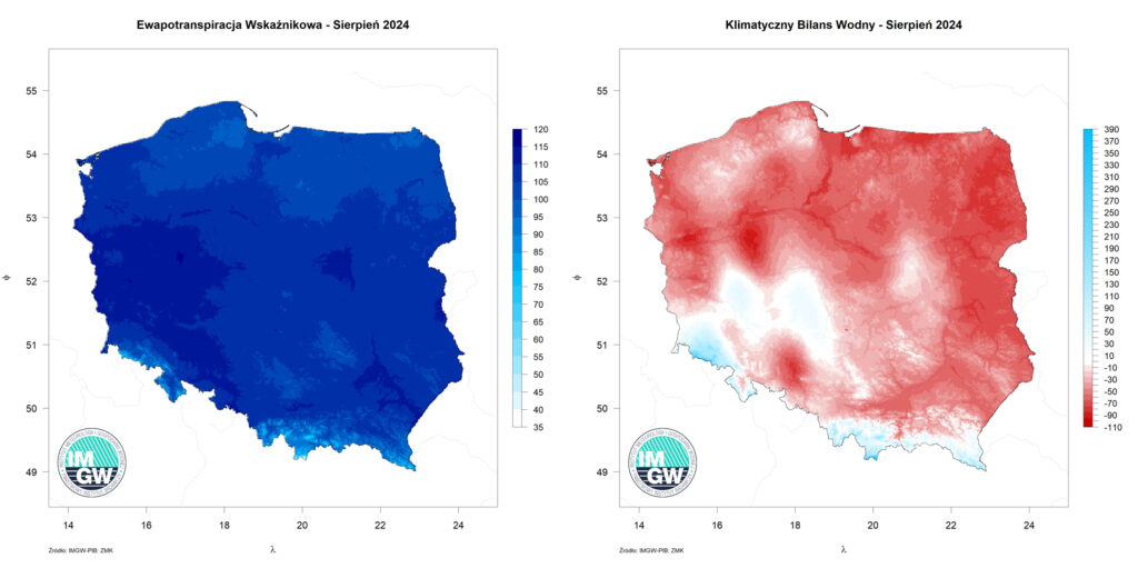 Przestrzenny rozkład sumy parowania potencjalnego oraz przestrzenny rozkład klimatycznego bilansu wodnego w sierpniu 2024 r.