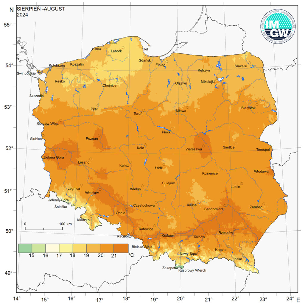 Przestrzenny rozkład średniej miesięcznej temperatury powietrza w sierpniu 2024 r.