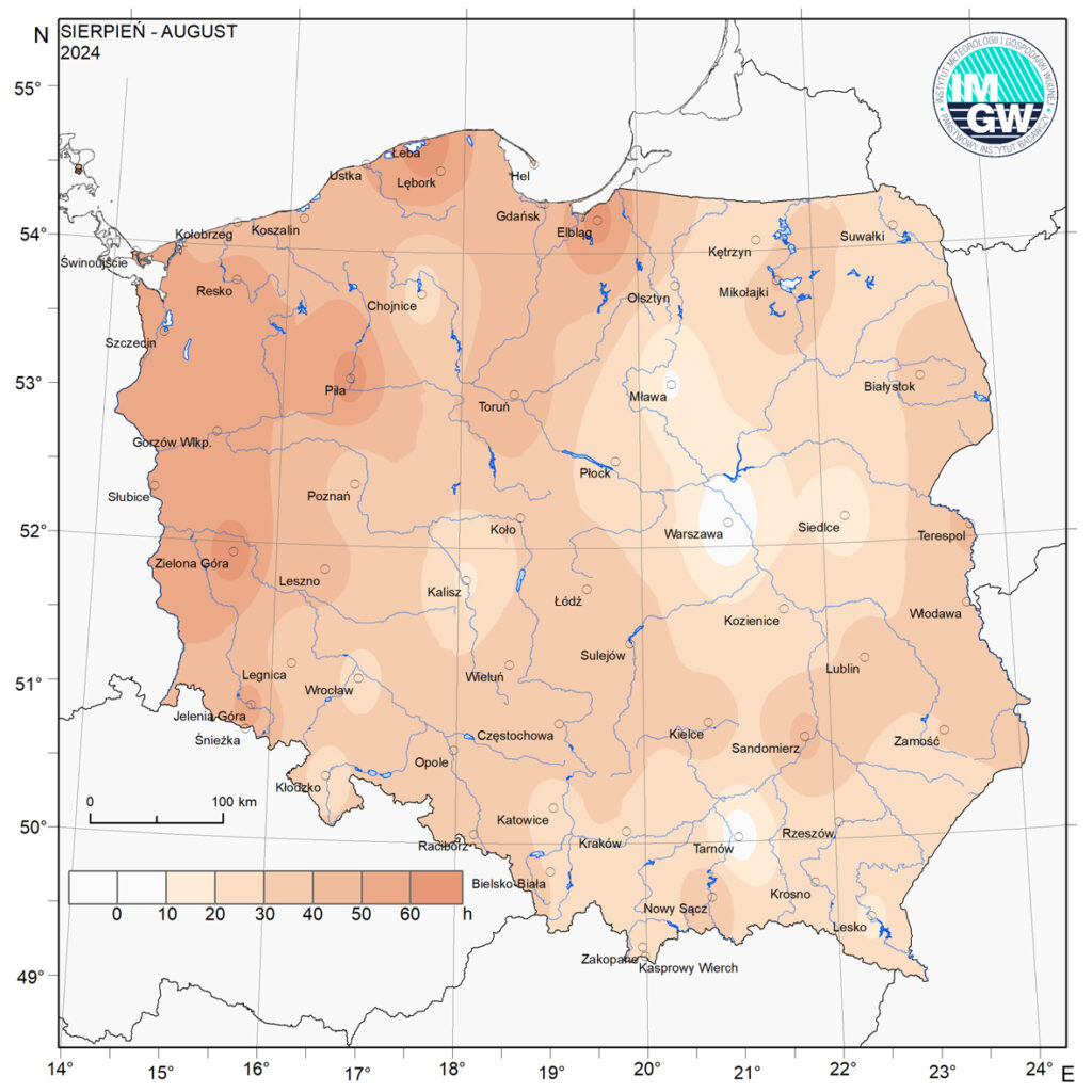 Przestrzenny rozkład anomalii średniej miesięcznej temperatury powietrza w sierpniu 2024 r. w stosunku do normy (tj. średniej miesięcznej wartości wieloletniej elementu w okresie 1991-2020).