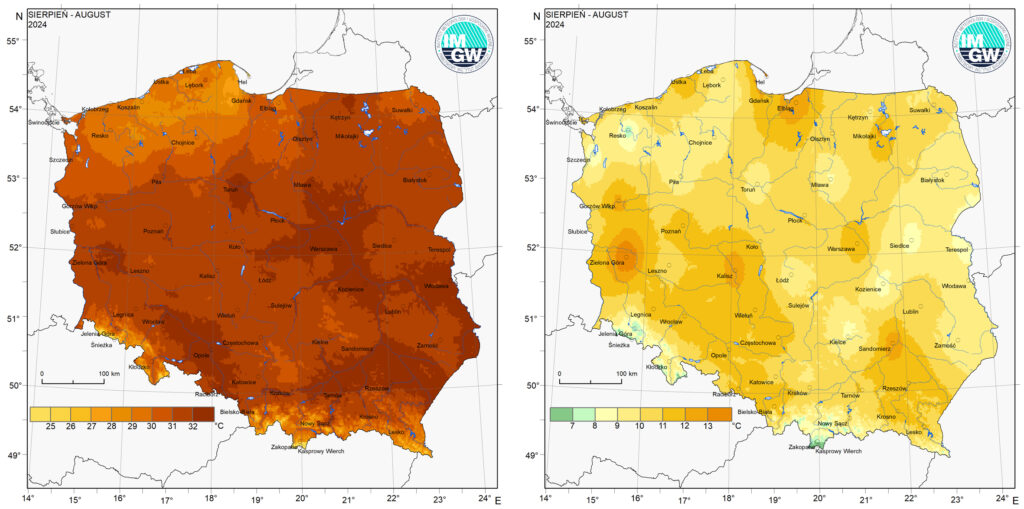 Przestrzenny rozkład wartości kwantyla 95% maksymalnej temperatury powietrza (po lewej) i kwantyla 5% minimalnej temperatury powietrza (po prawej) w sierpniu 2024 r.