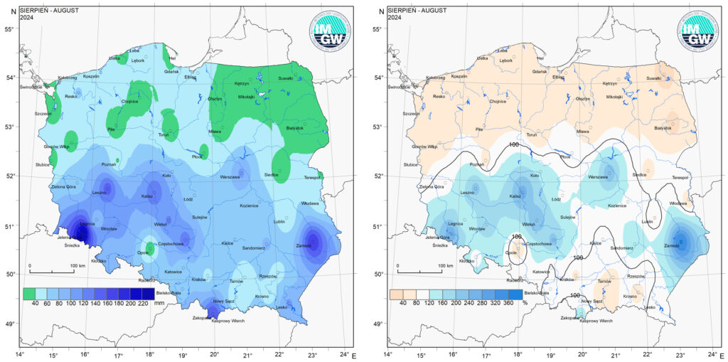 Przestrzenny rozkład miesięcznej sumy opadów w sierpniu 2024 r. oraz przestrzenny rozkład anomalii sumy opadów w stosunku do normy (tj. średniej miesięcznej wartości wieloletniej elementu w okresie 1991-2020).
