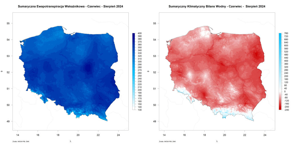 Przestrzenny rozkład sumy parowania potencjalnego oraz przestrzenny rozkład klimatycznego bilansu wodnego latem 2024 r.