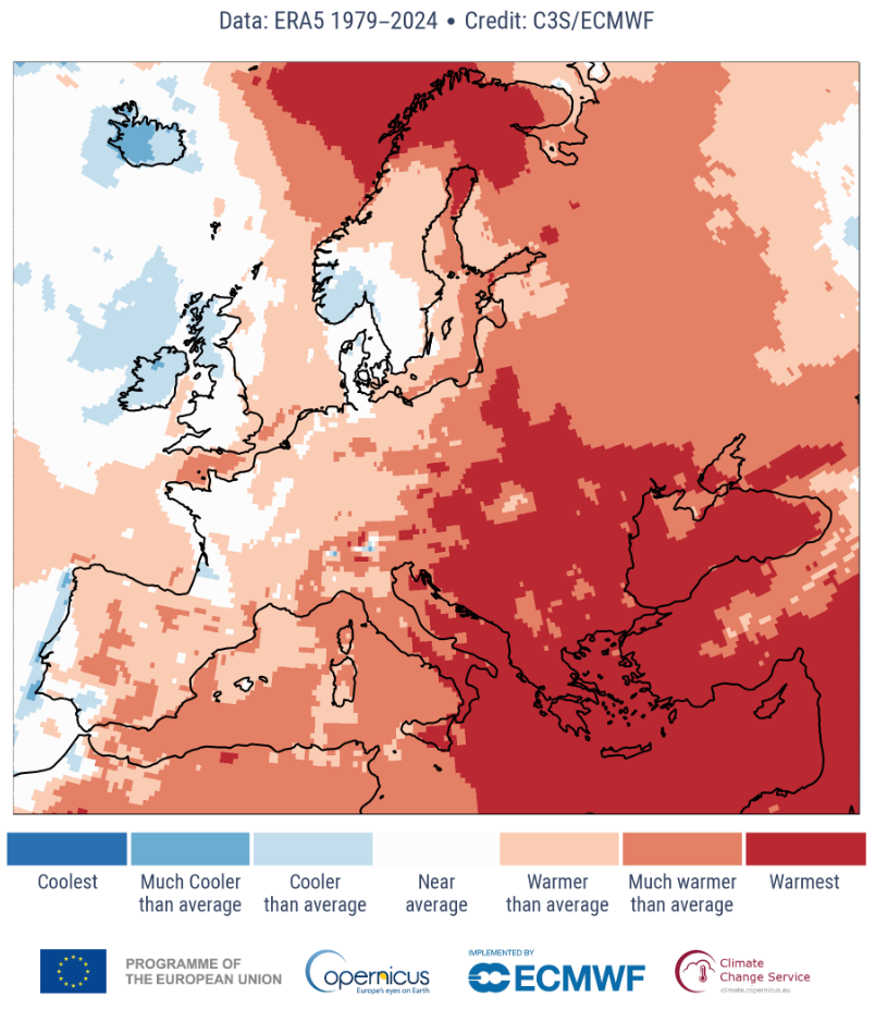 Anomalie i ekstrema temperatury powietrza przy powierzchni Ziemi w okresie czerwiec-sierpień 2024 r. Kategorie kolorów odnoszą się do percentyli rozkładów temperatur dla okresu odniesienia 1991-2020. Kategorie ekstremalne („Najchłodniejsze” i „Najcieplejsze”) są oparte na rankingu dla okresu 1979-2024. Źródło: Copernicus Climate Change Service/ECMWF – data – ERA5.