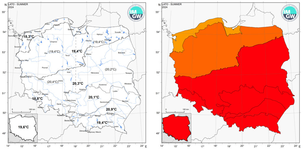 Wartości średniej obszarowej temperatury powietrza oraz klasyfikacja termiczna latem 2024 r. w poszczególnych regionach klimatycznych Polski.