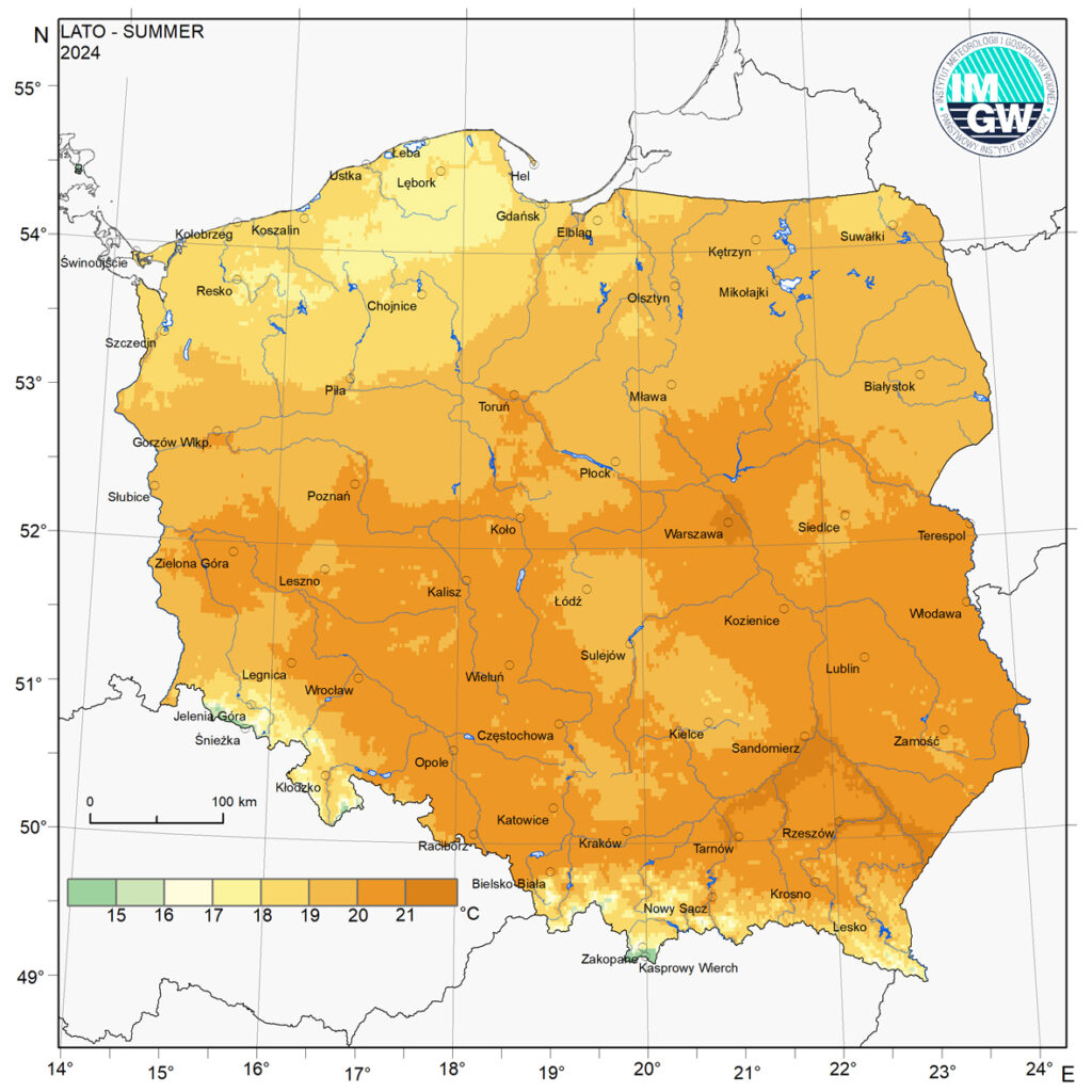 Przestrzenny rozkład średniej miesięcznej temperatury powietrza latem 2024 r.