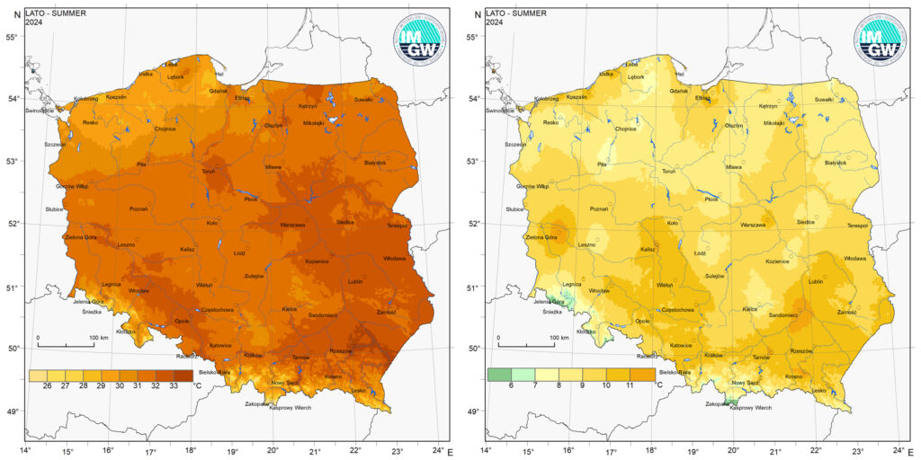 Przestrzenny rozkład wartości kwantyla 95% maksymalnej temperatury powietrza (po lewej) i kwantyla 5% minimalnej temperatury powietrza (po prawej) latem 2024 r.