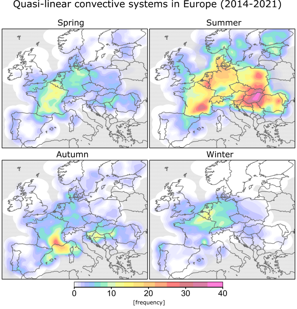 Liczba sytuacji występowania układów QLCS w poszczególnych sezonach w okresie 2014-2021. Źródło: Surowiecki i in. (2024).