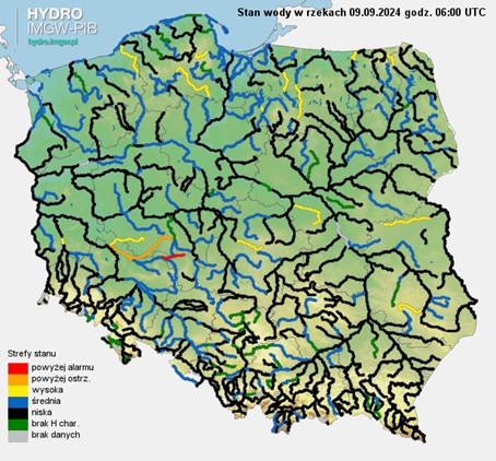 Stan wody na rzekach w Polsce, 09.09.2024 r. godz. 8:00.